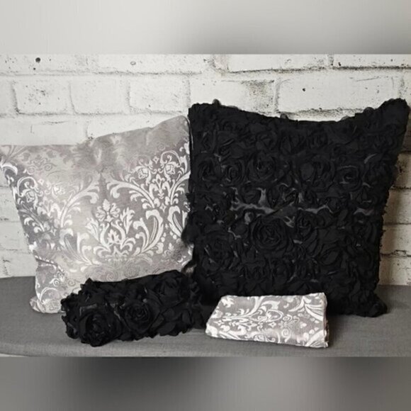 4 × Throw Pillow Covers. 2 Grey & Silver Damask and 2 3D Chiffon Black Rose - Picture 1 of 9